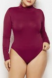 Burgundy Sexy Casual Solid Basic Turtleneck Plus Size Romper
