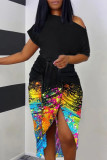 Red Sexy Casual Striped Print Patchwork Slit Oblique Collar Irregular Dress Dresses