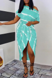 Red Sexy Casual Striped Print Patchwork Slit Oblique Collar Irregular Dress Dresses