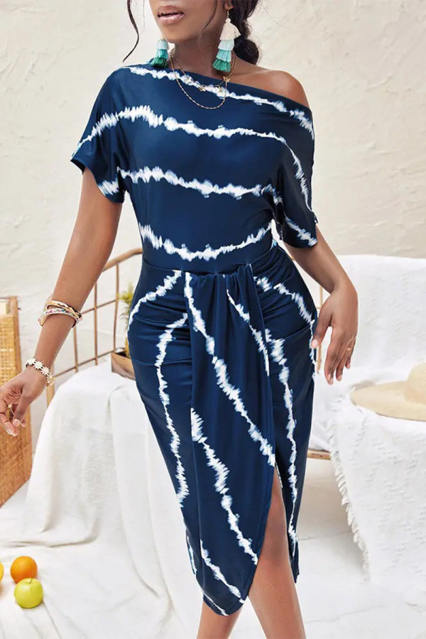 Tibetan Blue Sexy Casual Striped Print Patchwork Slit Oblique Collar Irregular Dress Dresses