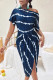 Tibetan Blue Sexy Casual Striped Print Patchwork Slit Oblique Collar Irregular Dress Dresses
