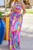 Rose Red Sexy Casual Print Backless Strapless Sleeveless Two Pieces