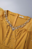 Yellow Casual Solid Patchwork Slit Beading V Neck One Step Skirt Dresses