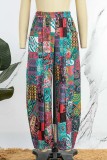 Multicolor Casual Print Patchwork Pocket Regular High Waist Conventional Full Print Trousers