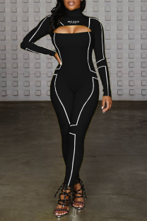 Black Casual Sportswear Print Cut Out Turtleneck Skinny Jumpsuits