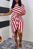 Red Sexy Casual Striped Print Patchwork Slit Oblique Collar Irregular Dress Dresses