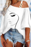 White Casual Print Basic Oblique Collar T-Shirts