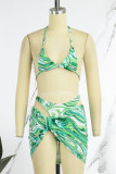Green Sexy Print Bandage Backless 3 Piece Sets