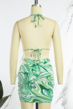 Green Sexy Print Bandage Backless 3 Piece Sets