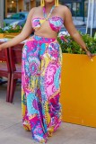 Rose Red Sexy Casual Print Backless Strapless Sleeveless Two Pieces