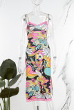 Colour Sexy Print Backless Slit Spaghetti Strap Sleeveless Dress Dresses