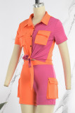 Blue Casual Patchwork Contrast Shirt Collar Short Sleeve Two Pieces
