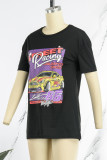 Black Casual Print Basic O Neck T-Shirts