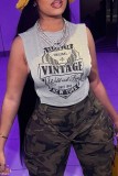Grey Casual Print Hollowed Out Patchwork O Neck T-Shirts