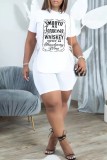 White Casual Letter Print Frenulum O Neck Short Sleeve Two Pieces