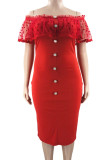 Red Sexy Solid Patchwork Off the Shoulder One Step Skirt Plus Size Dresses