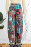 Multicolor Casual Print Patchwork Pocket Regular High Waist Conventional Full Print Trousers