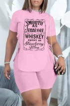 Pink Casual Letter Print Frenulum O Neck Short Sleeve Two Pieces
