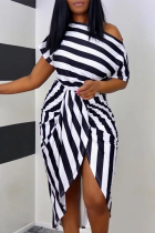White Black Sexy Casual Striped Print Patchwork Slit Oblique Collar Irregular Dress Dresses
