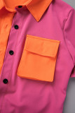 Blue Casual Patchwork Contrast Shirt Collar Short Sleeve Two Pieces