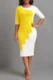 Yellow Casual Work Print Patchwork O Neck One Step Skirt Dresses
