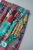 Multicolor Casual Print Patchwork Pocket Regular High Waist Conventional Full Print Trousers