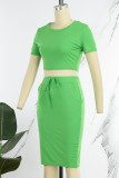 Green Casual Solid Basic O Neck Short Sleeve Two Pieces