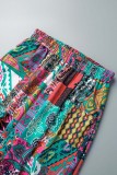 Multicolor Casual Print Patchwork Pocket Regular High Waist Conventional Full Print Trousers