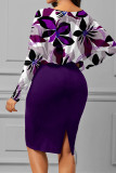 Purple Casual Print Patchwork Fold Asymmetrical Oblique Collar Pencil Skirt Dresses