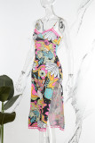 Colour Sexy Print Backless Slit Spaghetti Strap Sleeveless Dress Dresses