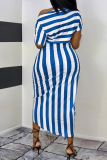 Red Sexy Casual Striped Print Patchwork Slit Oblique Collar Irregular Dress Dresses