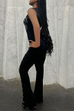 Black Street Print Hollowed Out Patchwork O Neck Boot Cut Jumpsuits