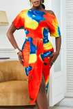 Red Sexy Casual Striped Print Patchwork Slit Oblique Collar Irregular Dress Dresses