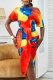 Blue Yellow Red Sexy Casual Striped Print Patchwork Slit Oblique Collar Irregular Dress Dresses