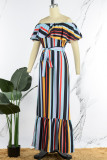 Multicolor Casual Striped Print Bandage Patchwork Off the Shoulder Straight Dresses