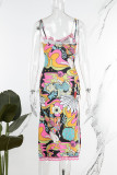 Colour Sexy Print Backless Slit Spaghetti Strap Sleeveless Dress Dresses