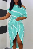 Red Sexy Casual Striped Print Patchwork Slit Oblique Collar Irregular Dress Dresses