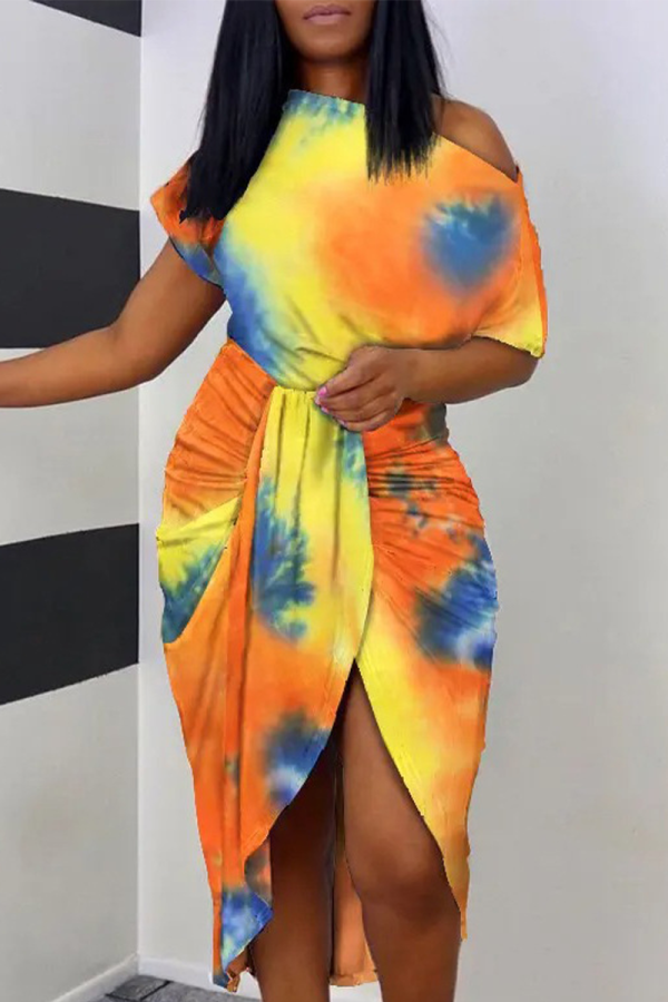 Orange Yellow Sexy Casual Striped Print Patchwork Slit Oblique Collar Irregular Dress Dresses