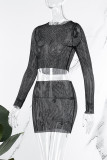 White Sexy Solid See-through O Neck Long Sleeve Two Pieces