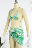 Green Sexy Print Bandage Backless 3 Piece Sets