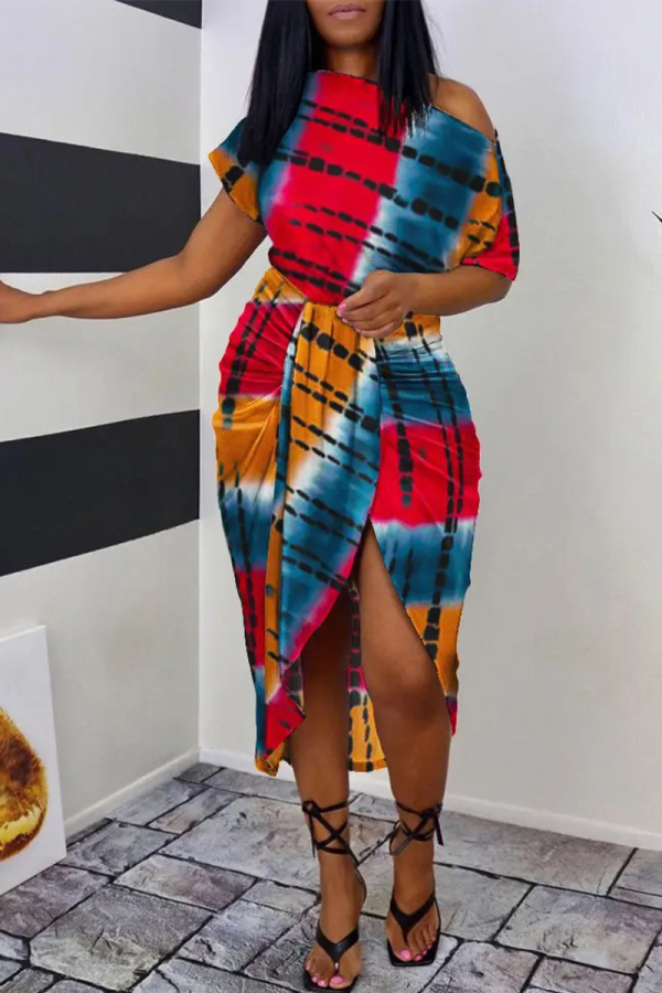 Orange Red Sexy Casual Striped Print Patchwork Slit Oblique Collar Irregular Dress Dresses
