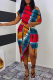 Orange Red Sexy Casual Striped Print Patchwork Slit Oblique Collar Irregular Dress Dresses