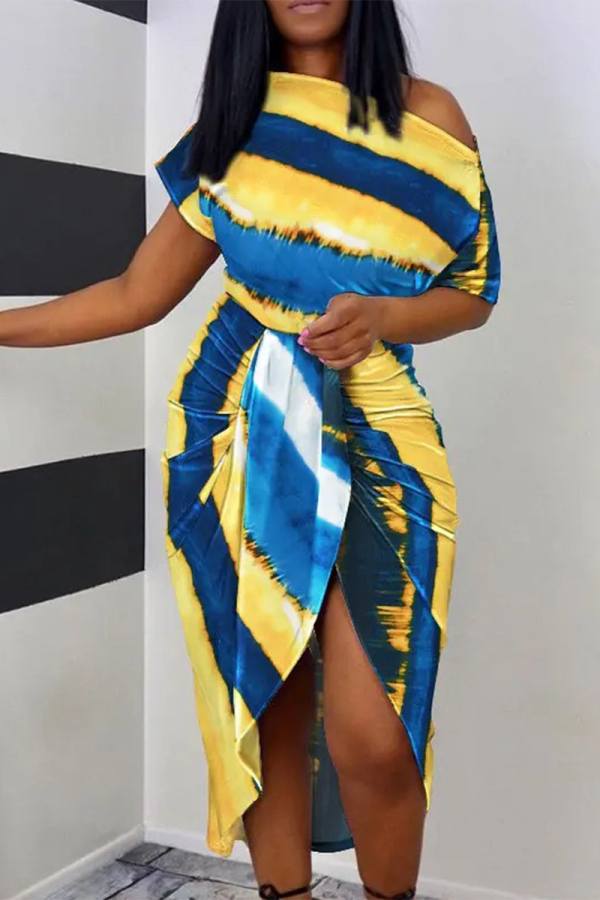 Blue Yellow Sexy Casual Striped Print Patchwork Slit Oblique Collar Irregular Dress Dresses