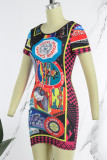 Colour Casual Print Basic O Neck Short Sleeve Dress