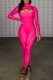 Rose Red Casual Sportswear Print Cut Out Turtleneck Skinny Jumpsuits