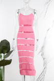 Rose Red Sexy Casual Solid Hollowed Out See-through Backless Spaghetti Strap Sleeveless Dress Dresses