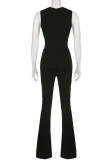 Black Street Print Hollowed Out Patchwork O Neck Boot Cut Jumpsuits