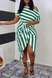 Red Sexy Casual Striped Print Patchwork Slit Oblique Collar Irregular Dress Dresses