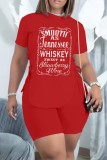 Rose Red Casual Letter Print Frenulum O Neck Short Sleeve Two Pieces