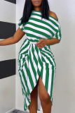 Red Sexy Casual Striped Print Patchwork Slit Oblique Collar Irregular Dress Dresses
